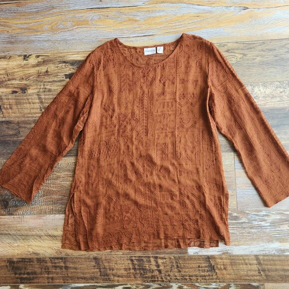 Chico's Silk Embroidered Beaded Blouse Long Sleeve Sheer Chiffon Brown - Picture 4 of 11